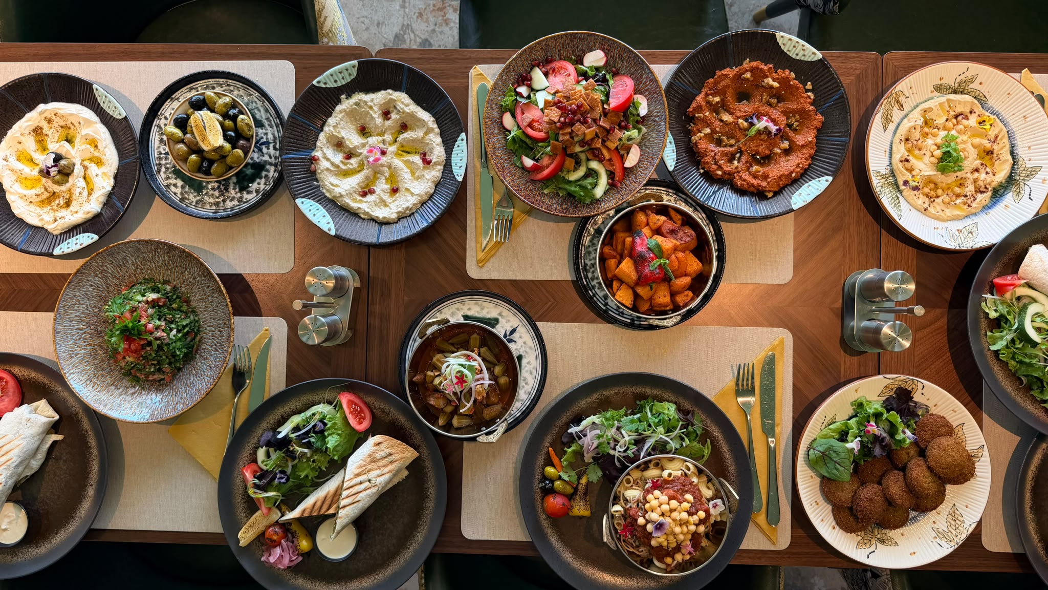 Overhead spread of Levantine and Egyptian mezze at Zaytun